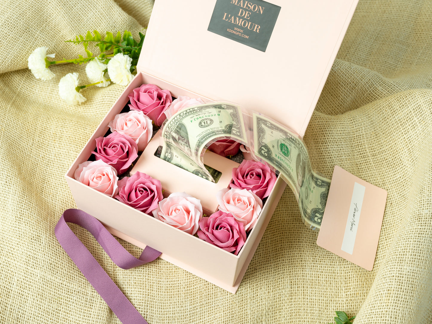 Soap Flowers Cash Gift Box - Rose (Cash-ribbon pullout type)