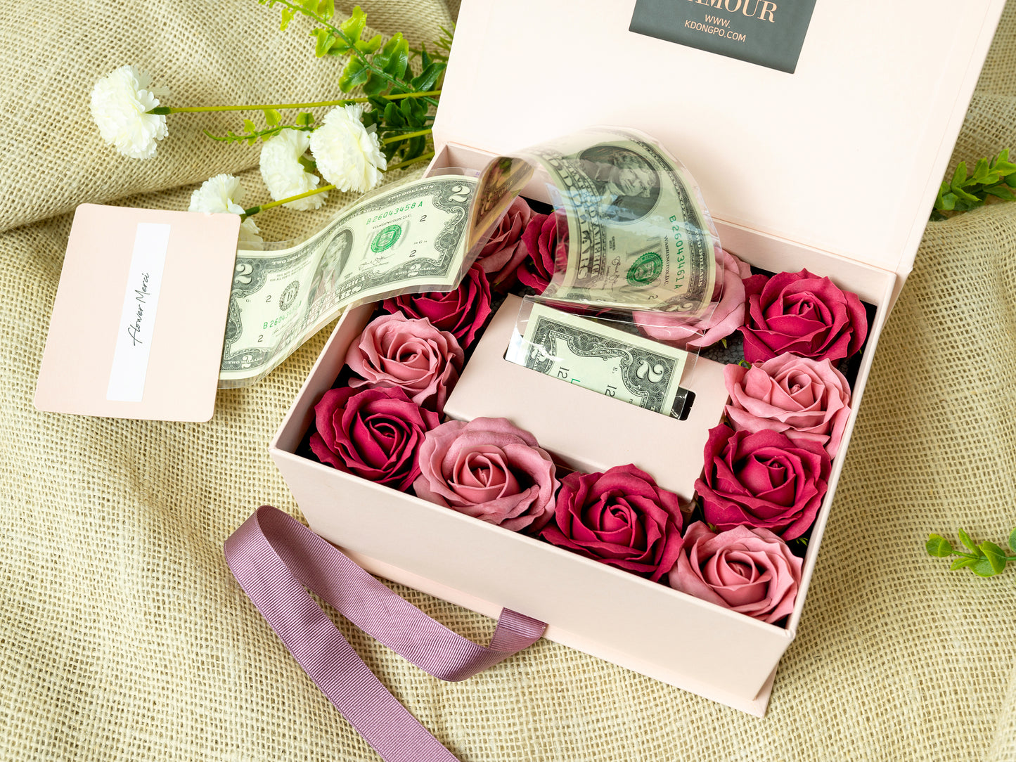 Soap Flowers Cash Gift Box - Rose (Cash-ribbon pullout type)