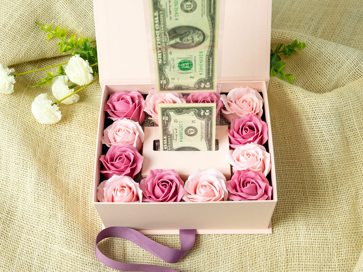 Soap Flowers Cash Gift Box - Rose (Cash-ribbon pullout type)