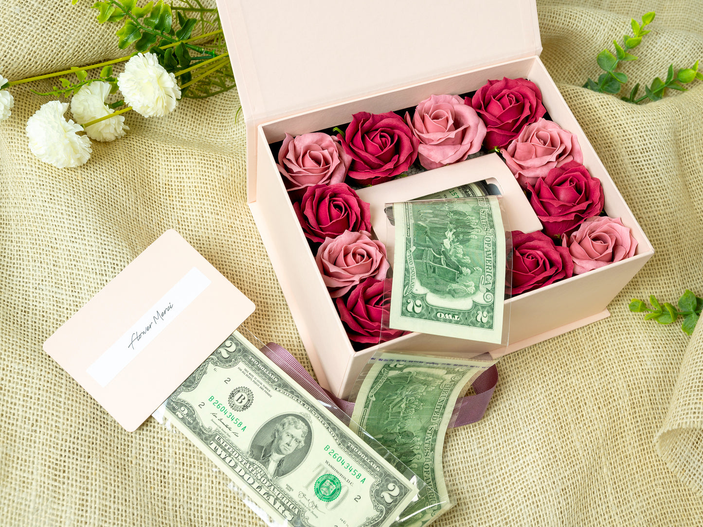 Soap Flowers Cash Gift Box - Rose (Cash-ribbon pullout type)